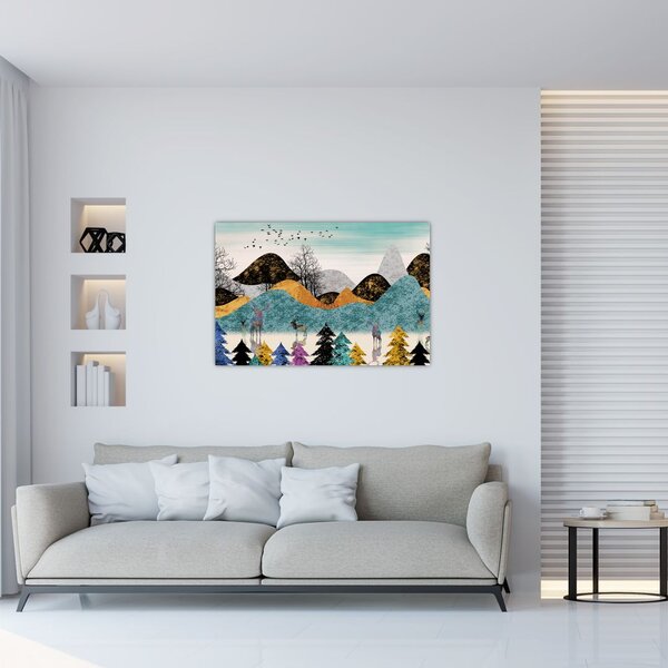 Grafický obraz s jeleňmi (90x60 cm)