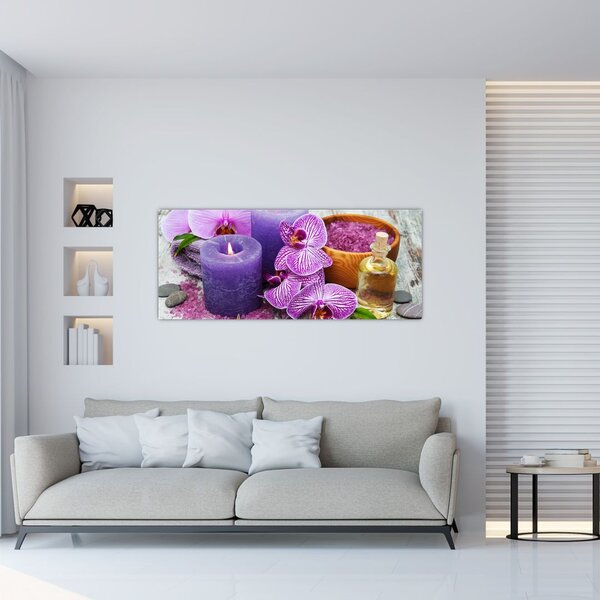 Obraz orchideí a sviečok (120x50 cm)