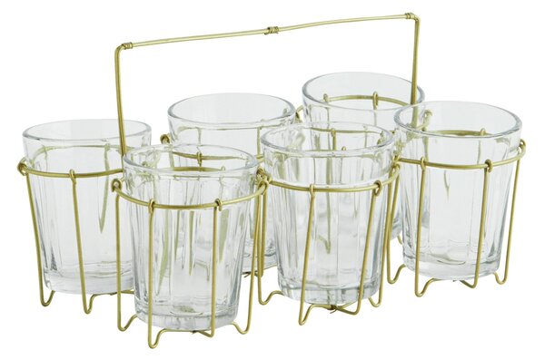 Kovový stojan so 6 pohármi Antique Brass/Clear
