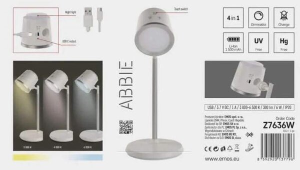 LED akumulátorová stolná lampa ABBIE biela (Z7636W)