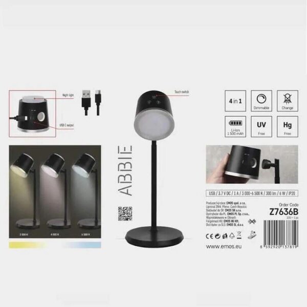 LED akumulátorová stolná lampa ABBIE čierna (Z7636B)