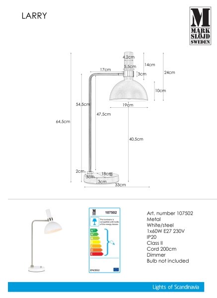 Markslöjd 107502 - Stmievateľná stolná lampa LARRY 1xE27/60W/230V