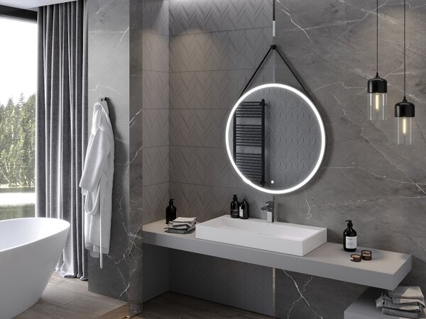 Mexen Reni, LED kúpeľňové zrkadlo s podsvietením 90x90 cm, 6000K, čierny rám, ochrana proti zahmlievaniu, 9812-090-090-611-70
