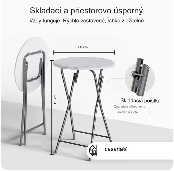 Skladací barový stôl Ø60 cm - biely/ mramorový vzhľad