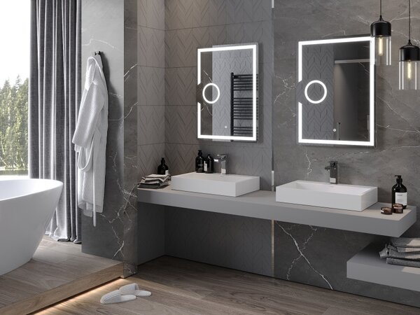Mexen Onyx, LED kúpeľňové zrkadlo s podsvietením a kozmetickým zrkadielkom 60x80 cm, 6000K, ochrana proti zahmlievaniu, 9813-060-080-611-00