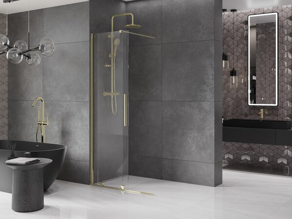 Mexen Velar, posuvné dvere do otvoru typ Walk-In 80 cm, 8mm číre sklo, zlatá lesklá, 871-080-000-03-50