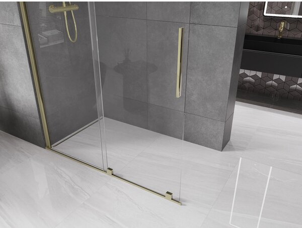 Mexen Velar, posuvné dvere do otvoru typ Walk-In 130 cm, 8mm číre sklo, zlatá lesklá, 871-130-000-03-50