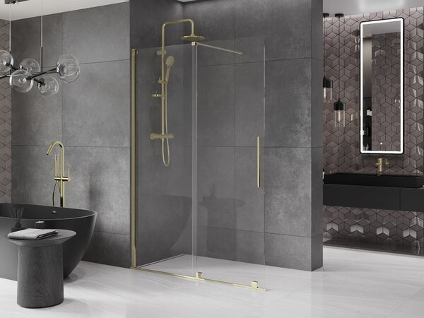 Mexen Velar, posuvné dvere do otvoru typ Walk-In 130 cm, 8mm číre sklo, zlatá lesklá, 871-130-000-03-50