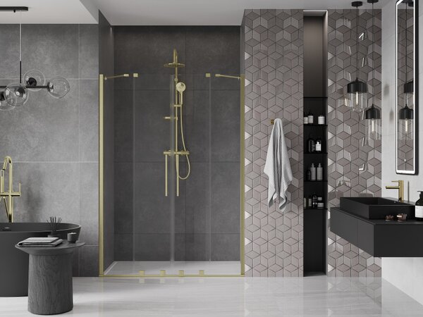 Mexen Velar Duo, posuvné dvere do otvoru 140x200 cm, 8mm číre sklo, zlatá matná, 871-140-000-02-55