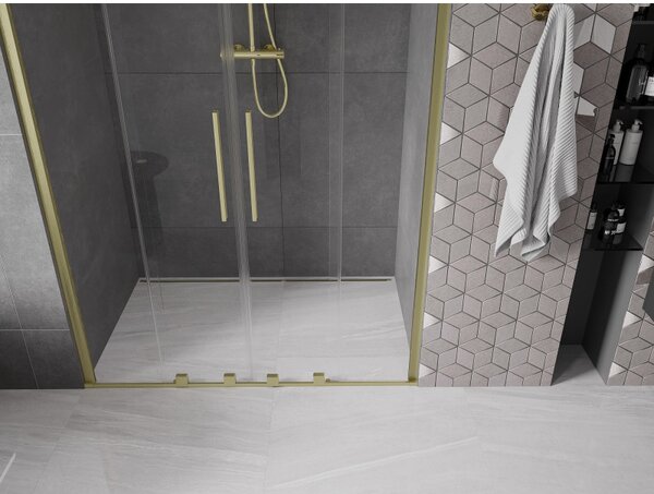 Mexen Velar Duo, posuvné dvere do otvoru 140x200 cm, 8mm číre sklo, zlatá matná, 871-140-000-02-55