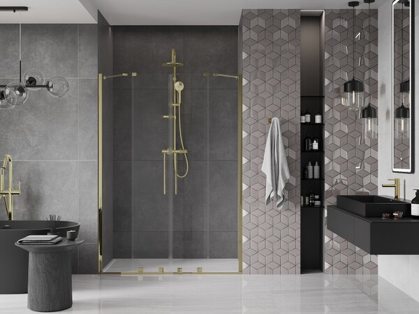 Mexen Velar Duo, posuvné dvere do otvoru 160x200 cm, 8mm číre sklo, zlatá lesklá, 871-160-000-02-50