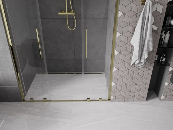Mexen Velar Duo, posuvné dvere do otvoru 160x200 cm, 8mm číre sklo, zlatá lesklá, 871-160-000-02-50