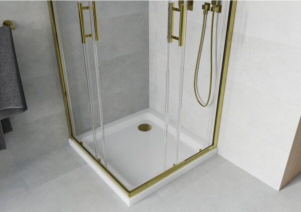 Mexen Rio štvorcový sprchový kút 90 x 90 cm, priehľadný, zlatý + sprchová vanička Flat, biela - 860-090-090-50-00-4010G