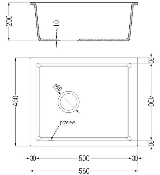 Mexen Pedro granitový kuchynský drez 1-komorový 560 x 460 mm, biely, zlatý sifón - 6508561000-20-G
