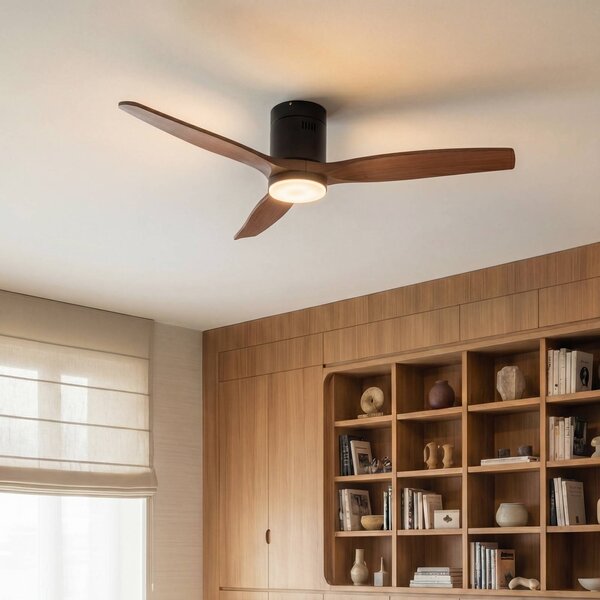 Lucande Stropný ventilátor LED Brinia, Ø 132 cm, drevo,, Tmavé drevo, Obývacia izba / jedáleň, Drevo, Škandinávsky