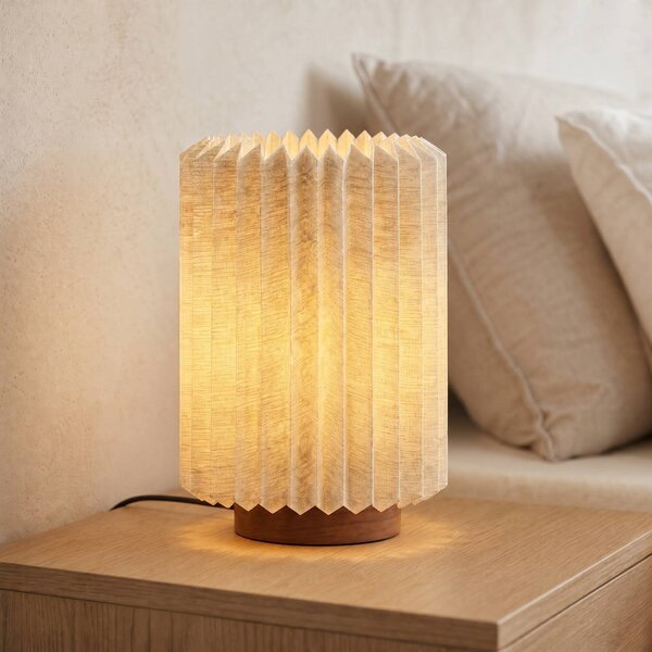 Lindby Stolová lampa Maveo, výška 30 cm, orech/ľan, E27, Hliník / sivá / zinok, Obývacia izba / jedáleň, Textil / látka / hodváb, Škandinávsky, Stojacie svietidlo