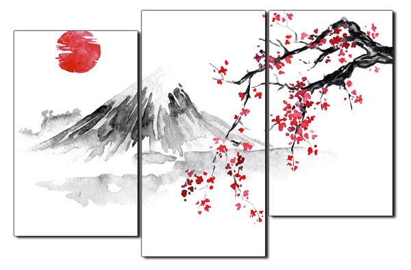 Obraz na plátne - Tradičné sumi-e obraz: sakura, slnko a hory 1271C (90x60 cm)