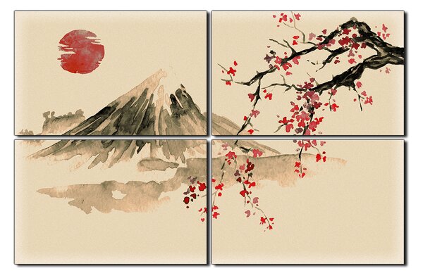 Obraz na plátne - Tradičné sumi-e obraz: sakura, slnko a hory 1271FE (90x60 cm)