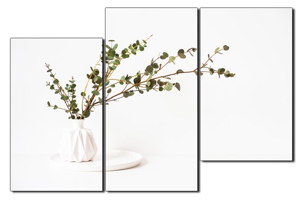 Obraz na plátne - Vetva eukalyptu v bielej váze na bielom pozadí 1272D (150x100 cm)