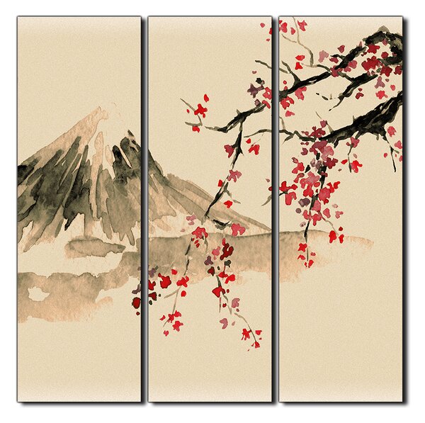 Obraz na plátne - Tradičné sumi-e obraz: sakura, slnko a hory - štvorec 3271FB (75x75 cm)