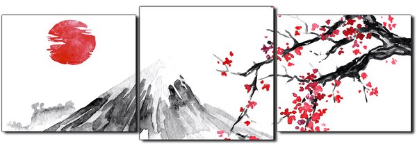 Obraz na plátne - Tradičné sumi-e obraz: sakura, slnko a hory - panoráma 5271D (90x30 cm)