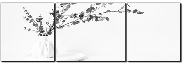 Obraz na plátne - Vetva eukalyptu v bielej váze na bielom pozadí - panoráma 5272QC (90x30 cm)