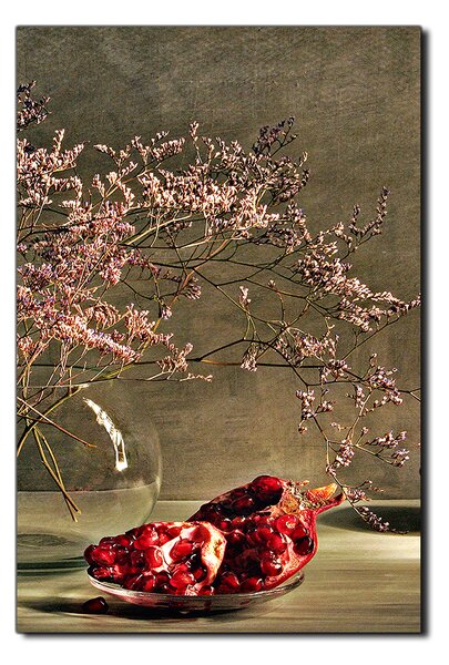 Obraz na plátne - Zátišie - vetva a granátové jablko - obdĺžnik 7274A (75x50 cm)