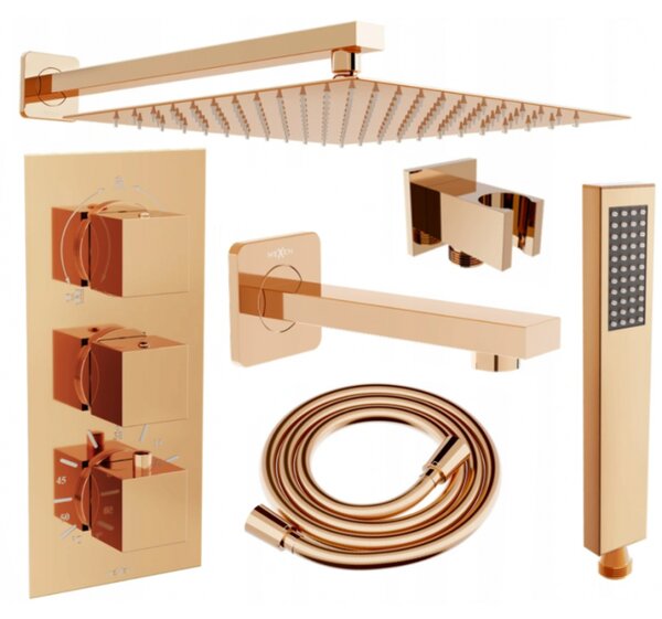Mexen Cube DR02 podomietkový vaňový a sprchový set s hlavovou sprchou 25x25 cm (7v1), ružové zlato, 77503DR0225-60