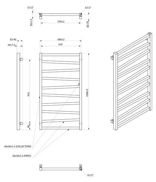 Sapho Sapho, ZIG vykurovacie teleso 600x1096mm, čierna matná, ZG611B