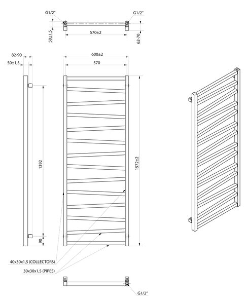 Sapho Sapho, ZIG vykurovacie teleso 600x1572 mm, čierna matná, ZG616B