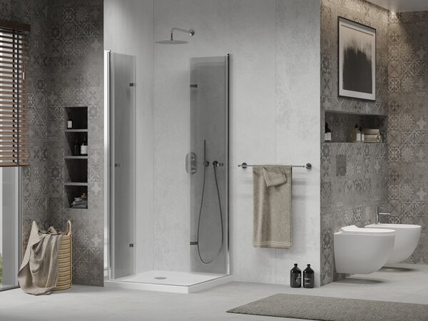 Mexen Lima Duo, sprchovací kút s 2-krídlovými skladacími dverami 70 (dvere) x 70 (dvere) cm, 6mm číre sklo + slim sprchová vanička 5cm biela, 856-070-070-01-02-4010