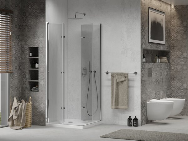 Mexen Lima Duo, sprchovací kút s 2-krídlovými skladacími dverami 70 (dvere) x 70 (dvere) cm, 6mm číre sklo + slim sprchová vanička 5cm biela, 856-070-070-01-02-4010