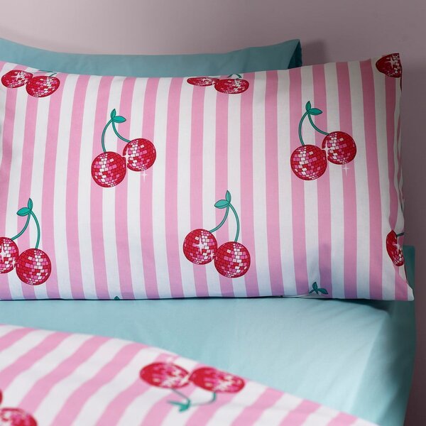 Biele/ružové obliečky na jednolôžko 135x200 cm Disco Cherries Stripes – Catherine Lansfield