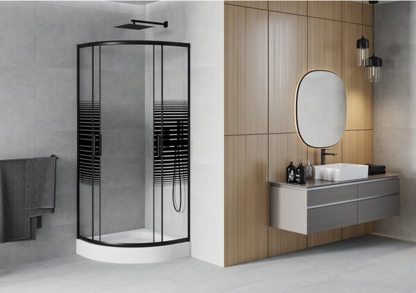 Mexen Rio polkruhový sprchovací kút 70 x 70 cm, čierne pásy, čierna + sprchová vanička, biela - 863-070-070-70-20-4710