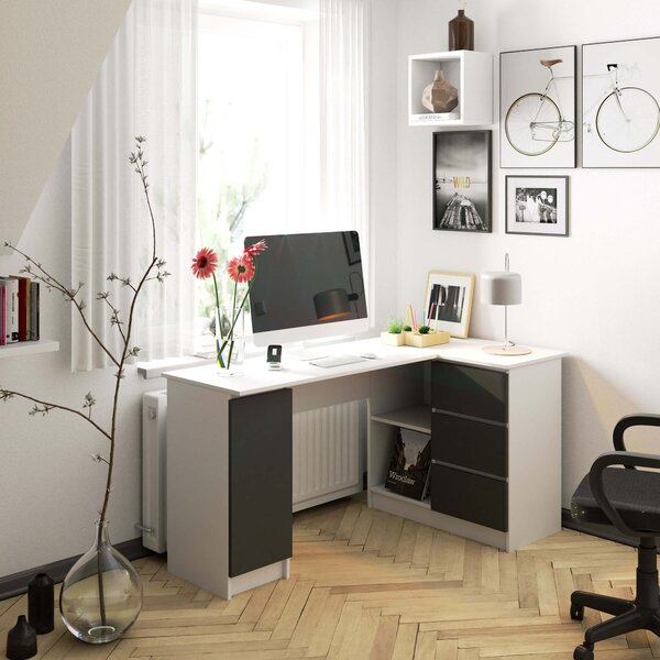 Ak furniture Rohový písací stôl B20 155 cm biely/šedý pravý