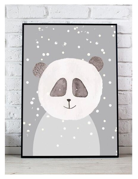 Detská izba - Sivý dekoračný plagát so zimným motívom pandy A3