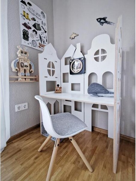 Detská izba - Detský drevený paravan - stôl (2v1) Biela Sivá