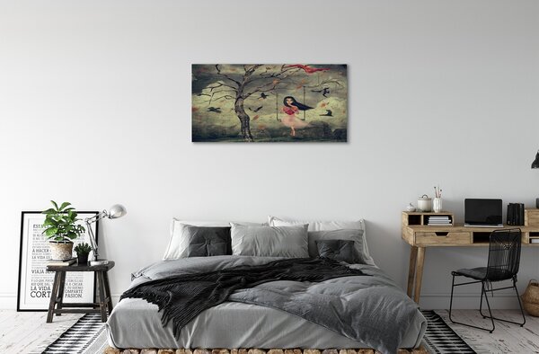 Obraz canvas Strom vtáky mraky dievča rocková 100x50 cm