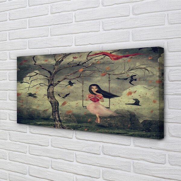 Obraz canvas Strom vtáky mraky dievča rocková 100x50 cm