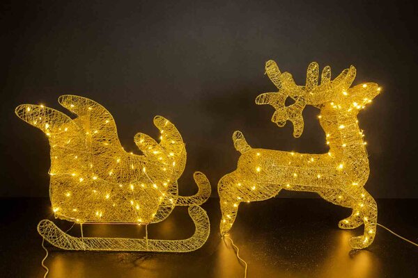 LED vianočný sob so sánkami – zlatá svietiaca dekorácia s trblietkami Velikost (cm): 20cm