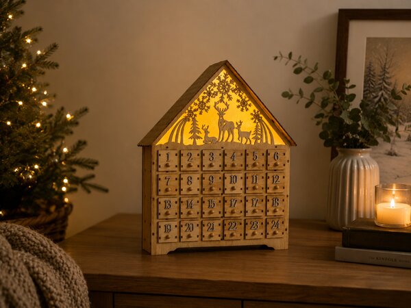 Drevený adventný kalendár so svetelnou dekoráciou – 24 zásuviek, LED, motív soba
