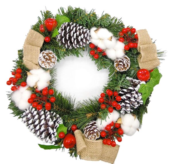 Vianočný veniec so šiškami, červenými bobuľami, bavlnou a mašľou, 40cm