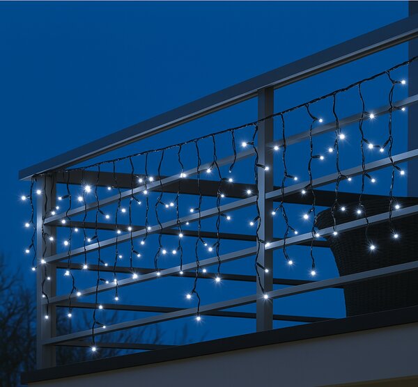 Vonkajší LED vianočný záves PROFI – 10m, 312 LED, studená biela, so zábleskami, silný čierny kábel