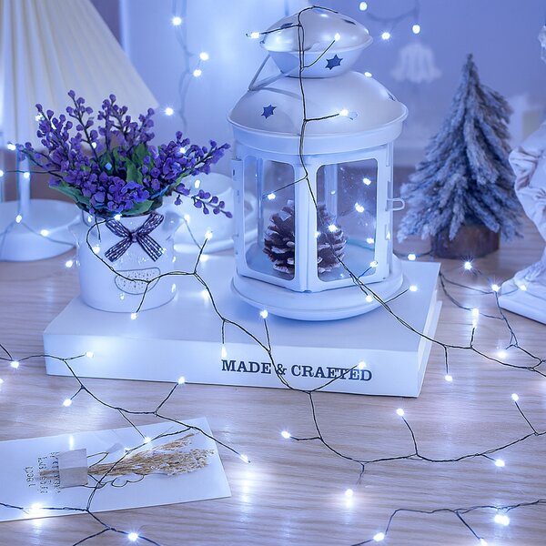 Vianočné LED mikro reťaz, studená biela, 20m, 600 LED, 8 programov, zelený drôt, IP65