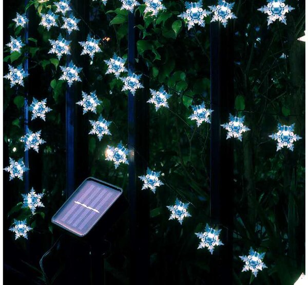 Solárny vianočný reťaz s veľkými snehovými vločkami, studená biela, 5m, 30 LED