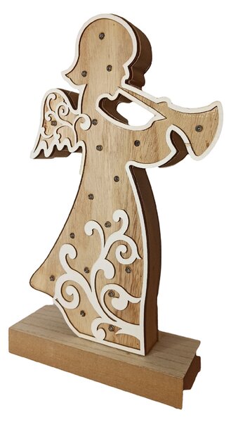 Vianočná drevená LED dekorácia, anjel s trúbkou, 32cm