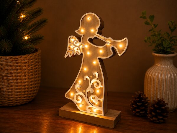 Vianočná drevená LED dekorácia, anjel s trúbkou, 32cm