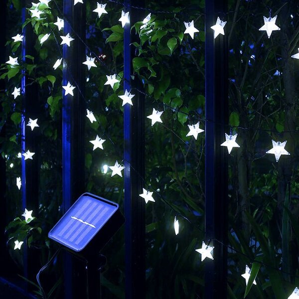 Solárny vianočný reťaz so hviezdičkami, studená biela, 5m, 30 LED