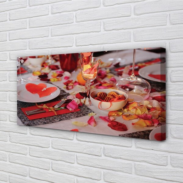 Obraz canvas Srdce okvetné lístky ruží večera okuliare 100x50 cm