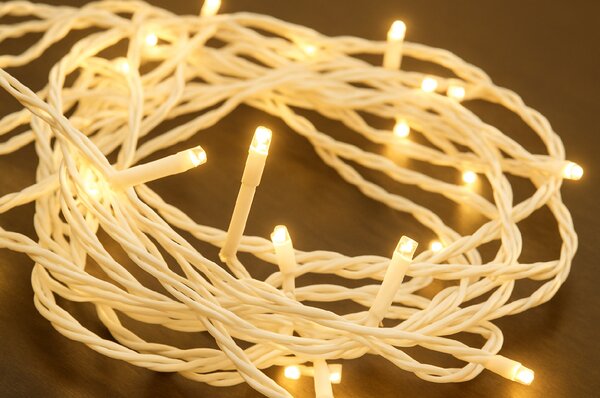 Vonkajšia vianočná LED reťaz, teplá biela, biely kábel, 30m, 300 LED